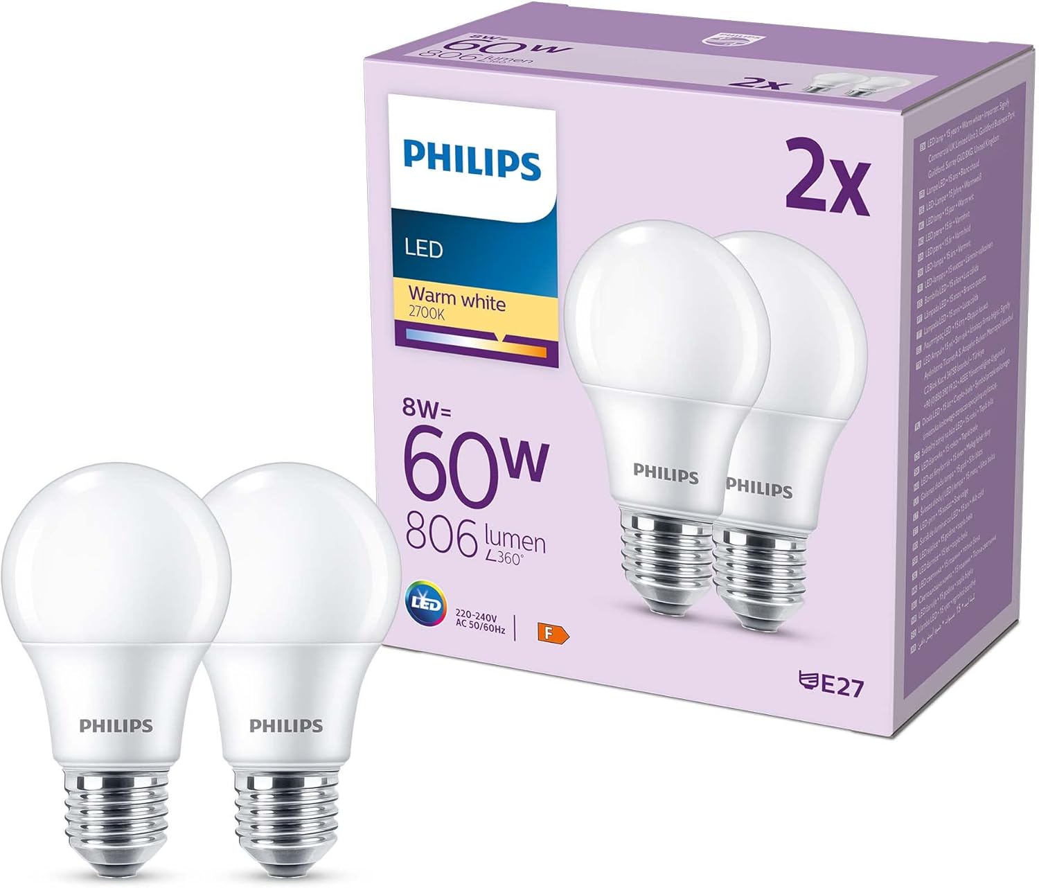 Philips Led Frosted A60 Light Bulb 2 Pack, Warm White 2700K, E27 Edison Screw, 60W, Non-Dimmable