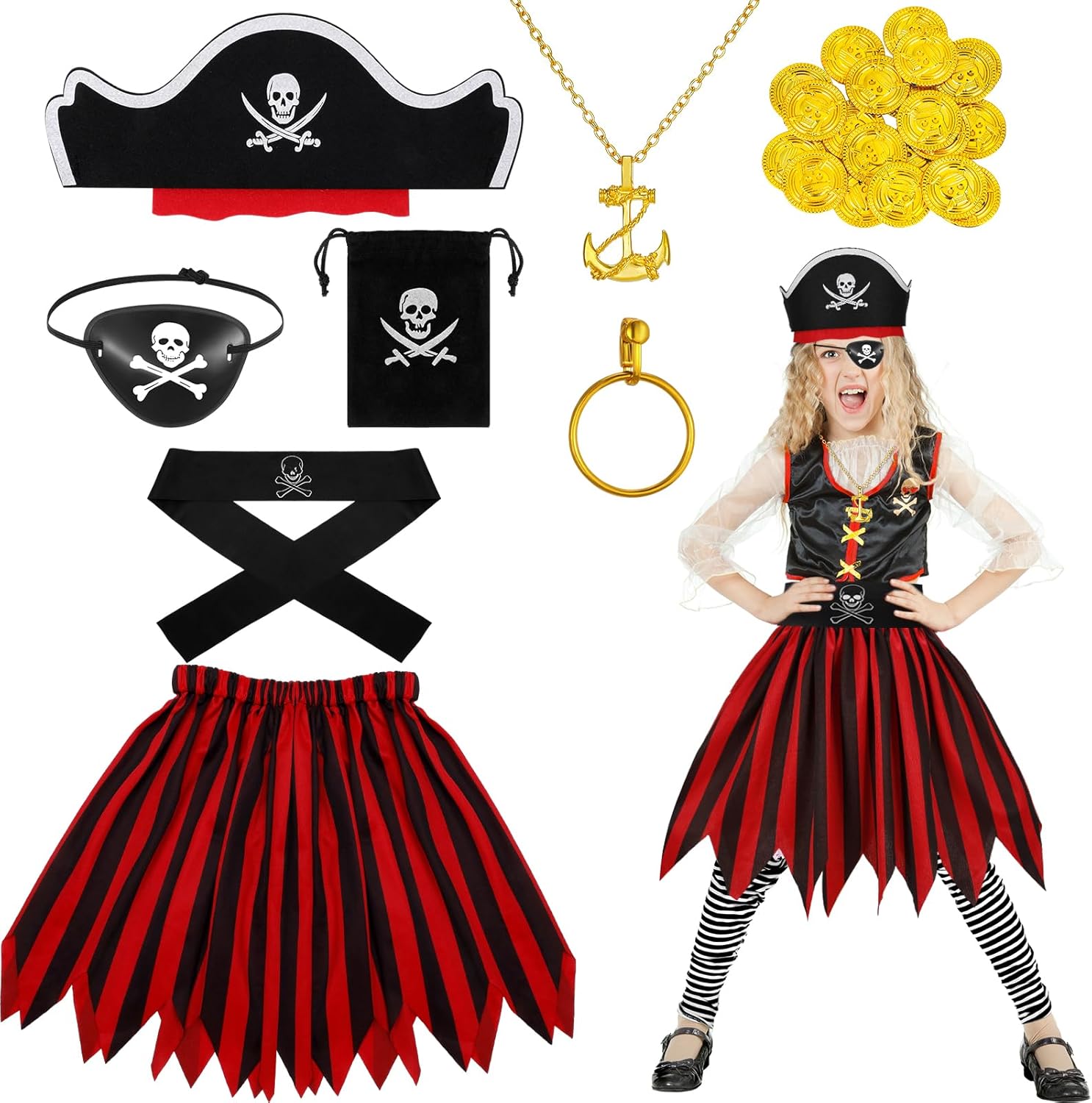 Friusate Kids Pirate Costume 17-Piece Accessory Set For Girls