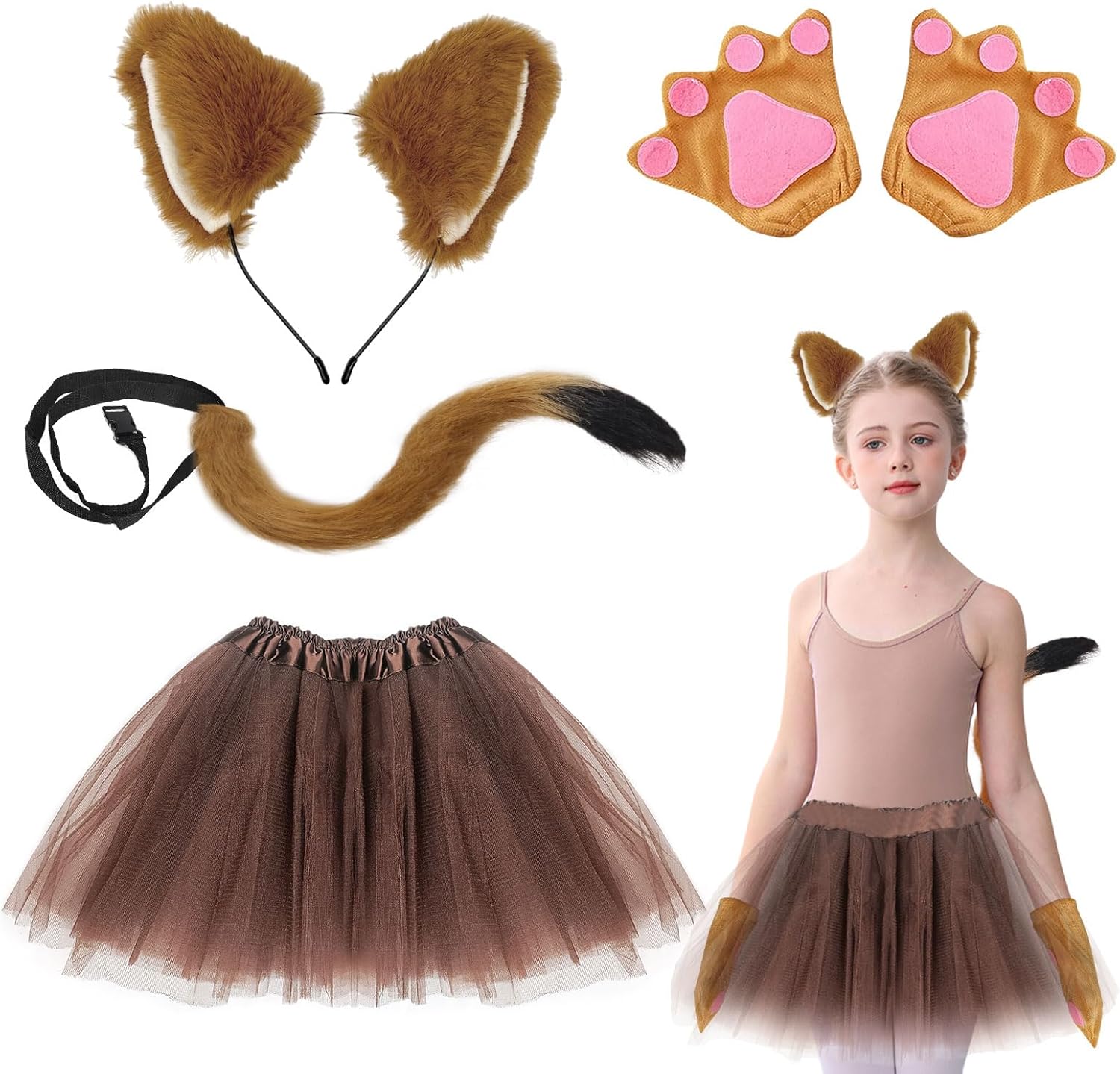 Uilyniu Fox Costume Set For Girls - 4-Piece Fancy Dress Up With Faux Fox Ears, Long Tail, And Paw Gloves