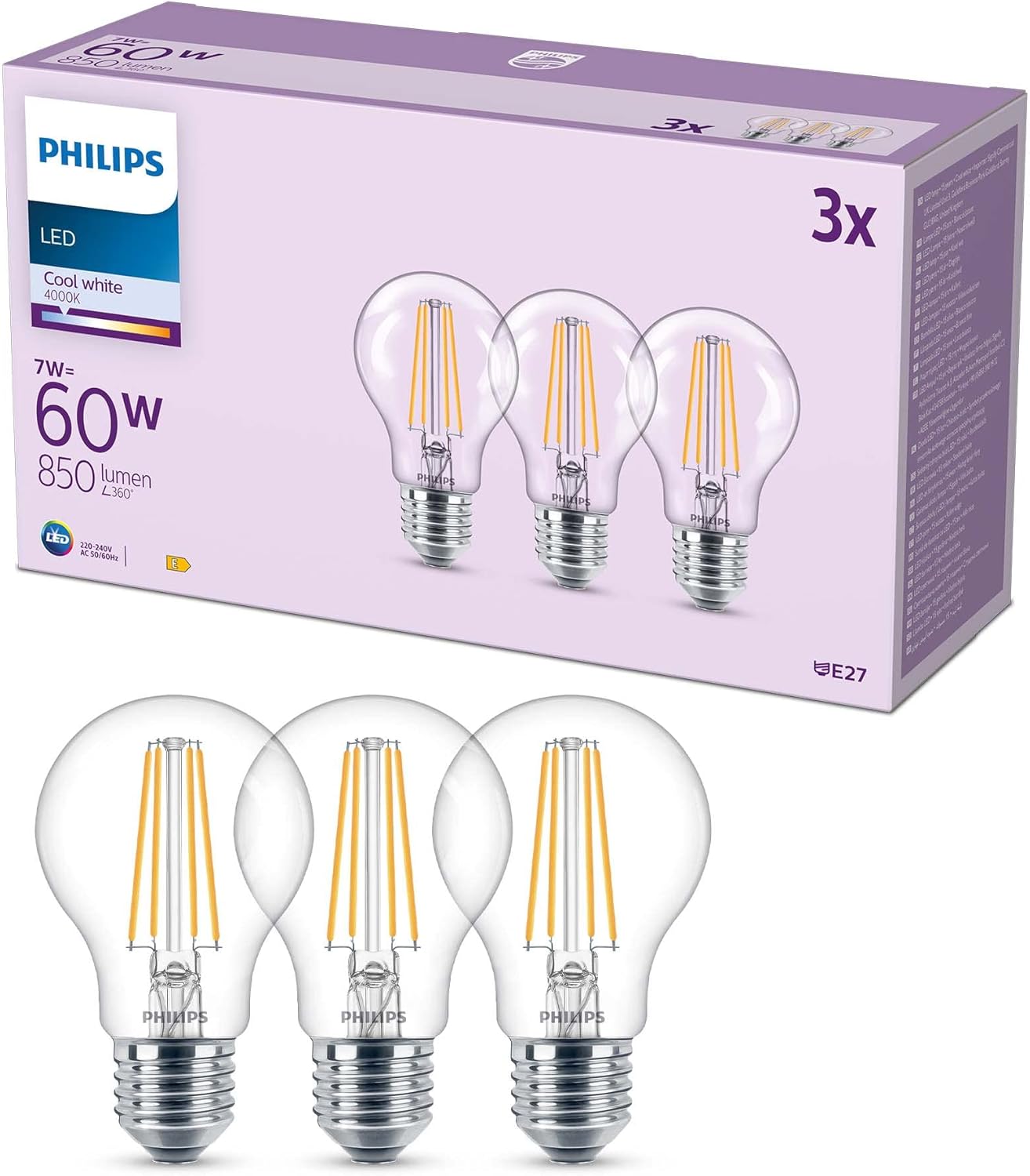 Philips Led Frosted A60 Light Bulb 3 Pack Cool White E27 Edison Screw