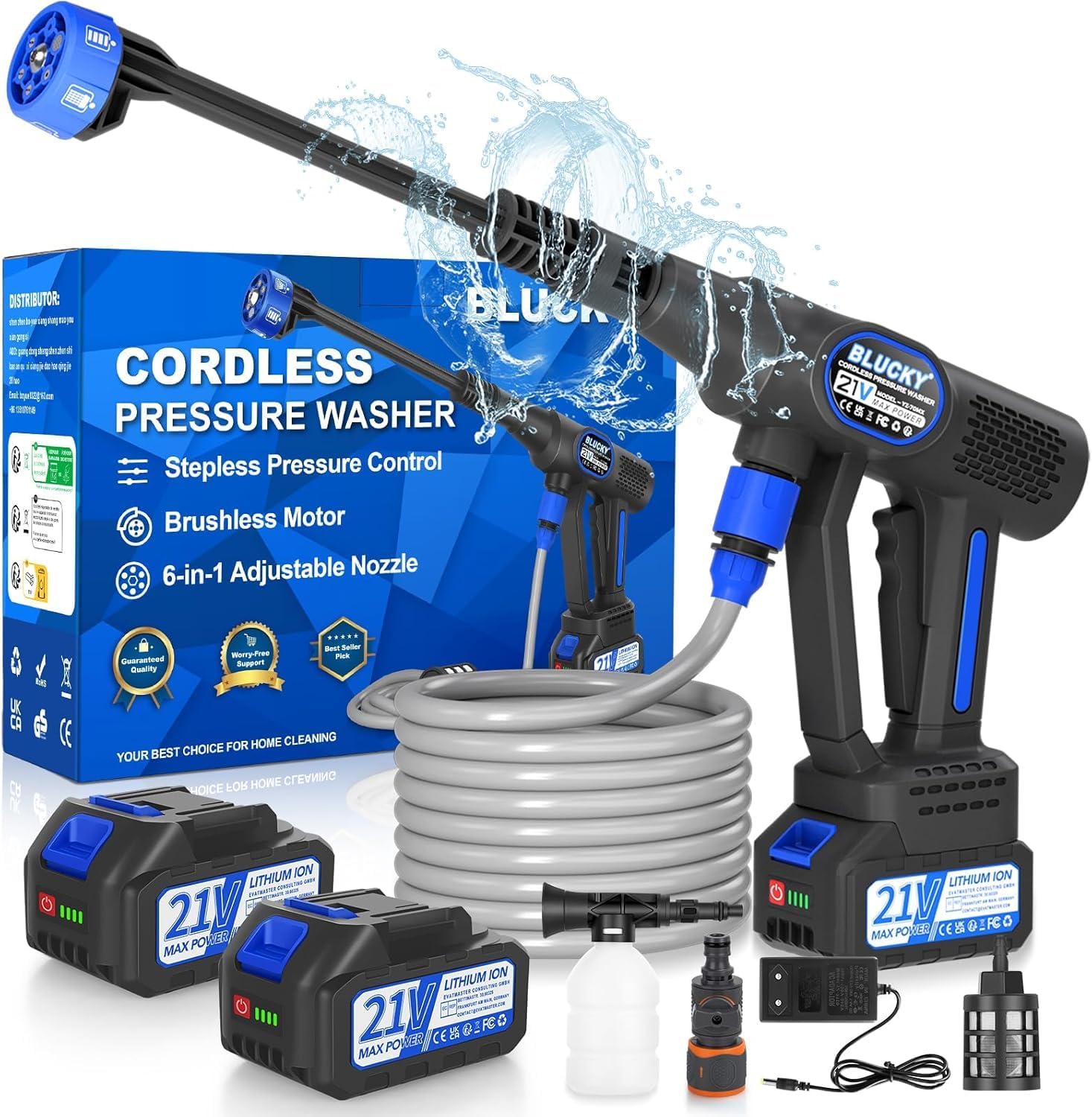 Blucky Cordless Pressure Washer, 6-In-1 Portable Power Cleaner With Advanced Brushless Motor And Infinite Pressure Control
