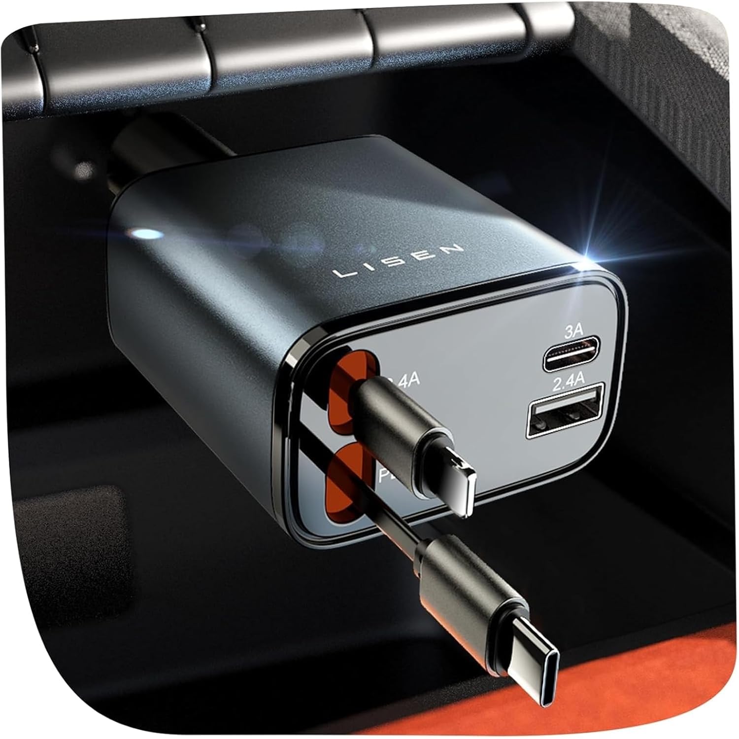 Lisen 4-In-1 Retractable Car Charger Adapter 69W For Iphone & Android Devices