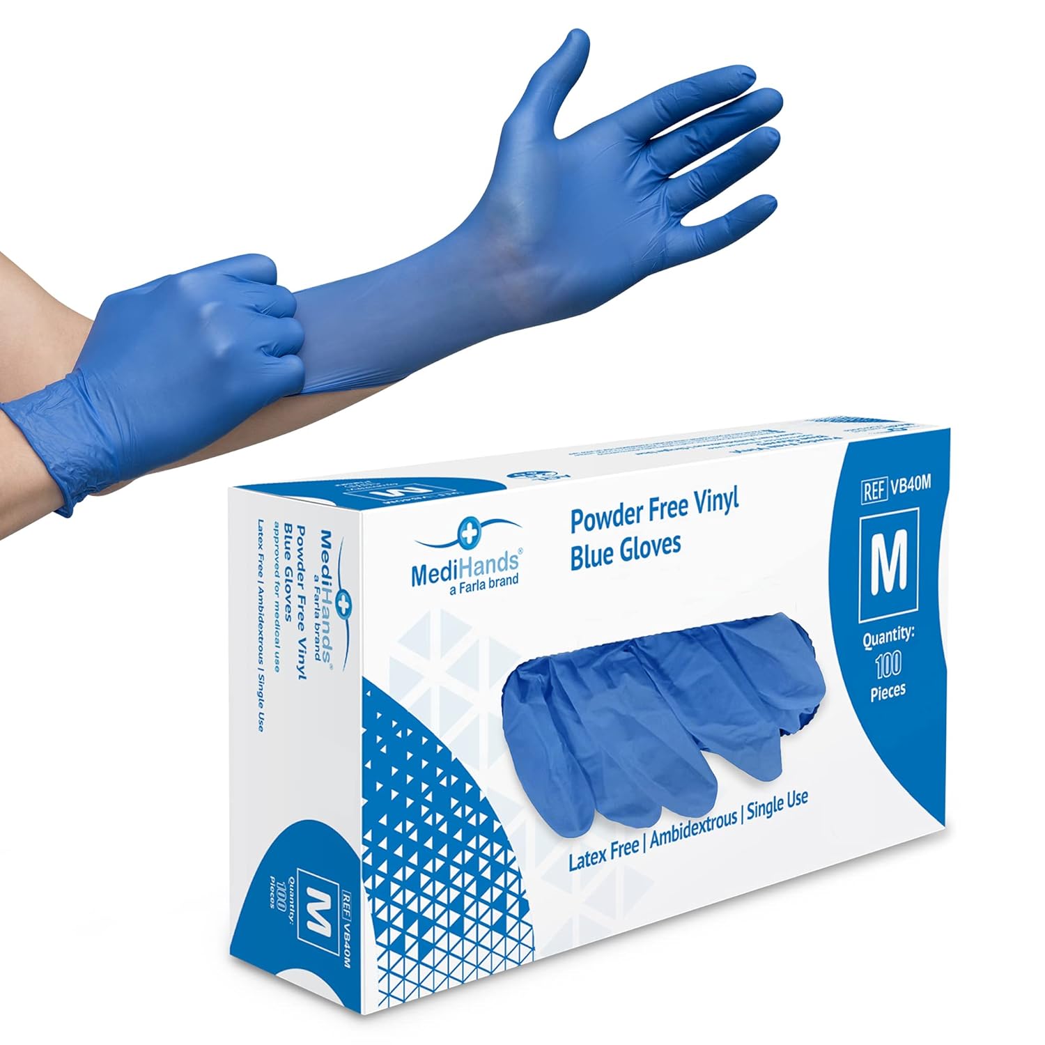 Farla Medihands Blue Medium Vinyl Examination Gloves - Box Of 100 Disposable, Powder-Free, Latex-Free Medical Gloves