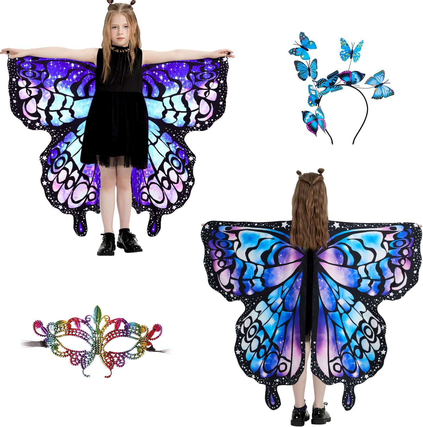 Lyl. Ling Butterfly Wings For Girls - Double-Sided Fairy Costume With Lace Mask & Headband