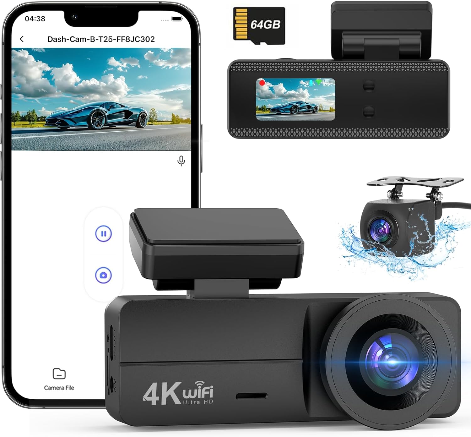 Dynacam Dash Cam Front And Rear 4K+1080P, Built-In Wifi, 64Gb Sd Card, Super Night Vision, Model B-T25Uk