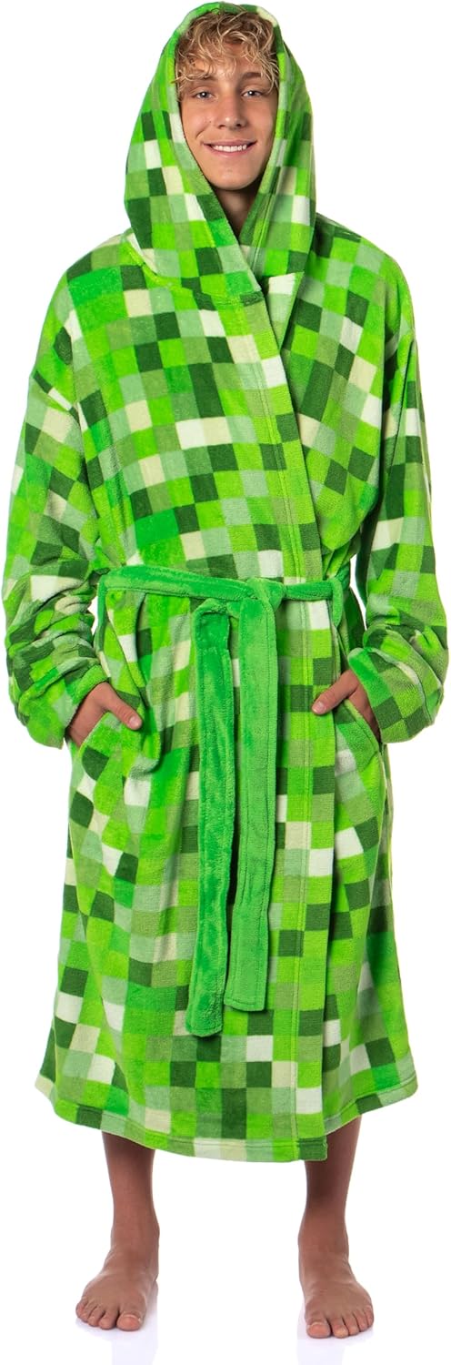 Bioworld Minecraft Men's Pixelated Creeper Soft Fleece Hooded Bathrobe