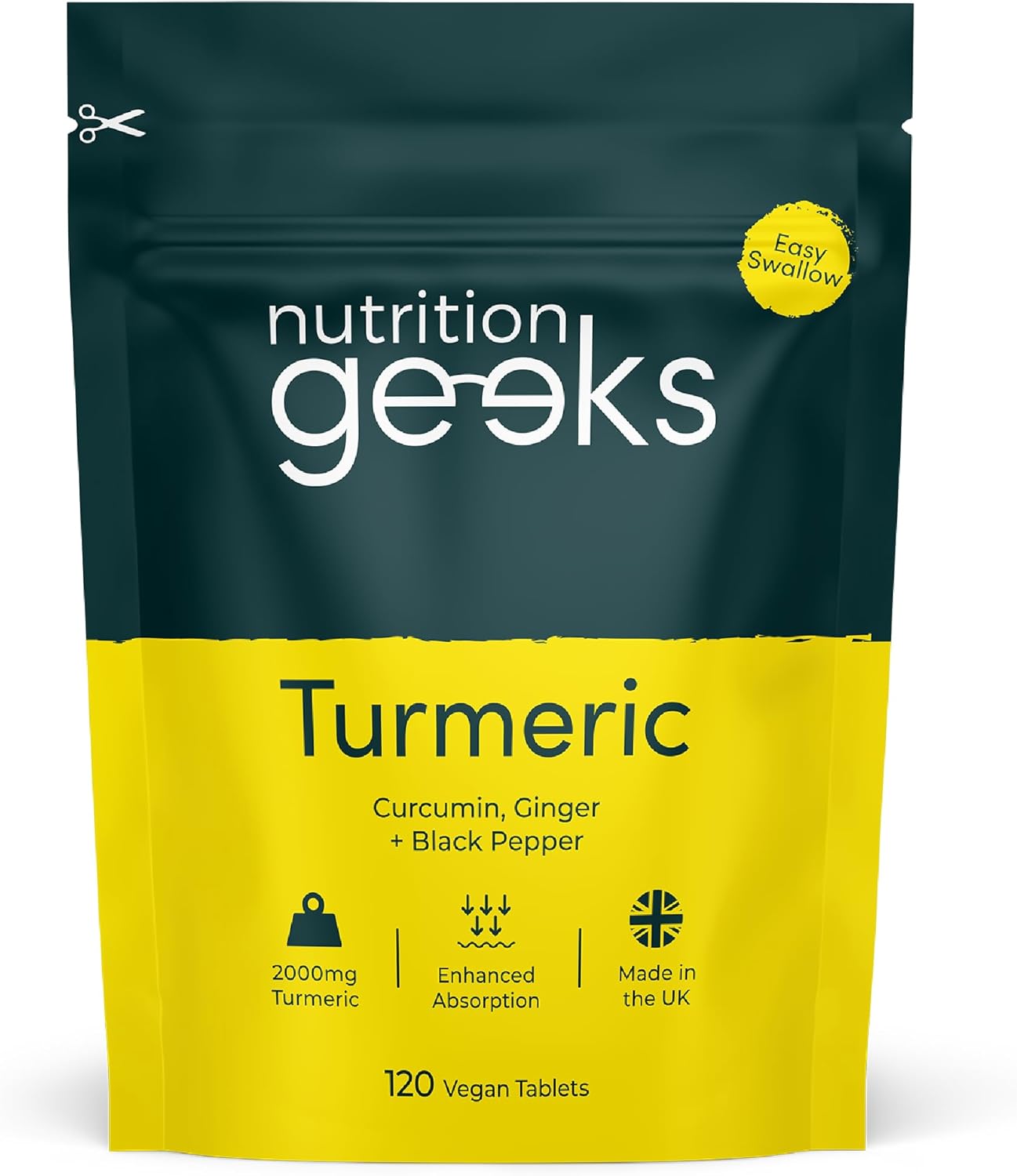 Nutrition Geeks Turmeric Tablets 2000Mg With Black Pepper & Ginger, Vegan And Gluten Free, Uk Made, 120 Count