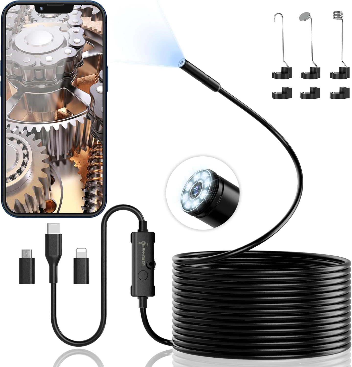Ennovor 1920 Hd Flexible Rigid Snake Inspection Camera, 5M Semi-Rigid Cable, Ip67 Waterproof, 8 Led Lights