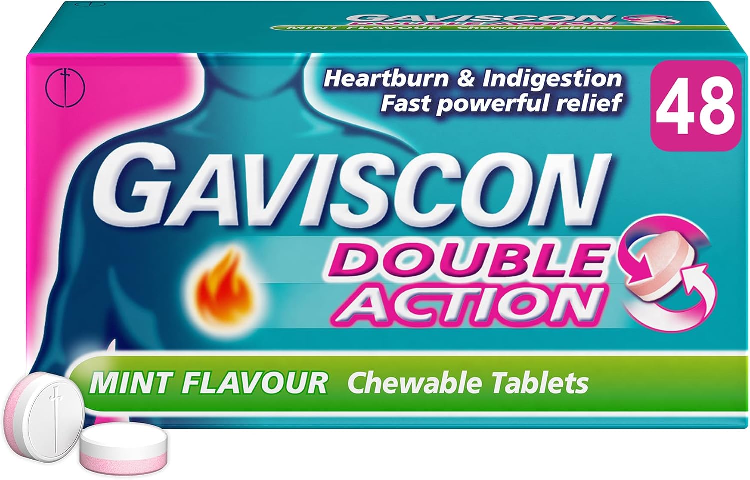 Gaviscon Heartburn And Indigestion Tablets, Double Action, Mint Flavour, 48 Pack