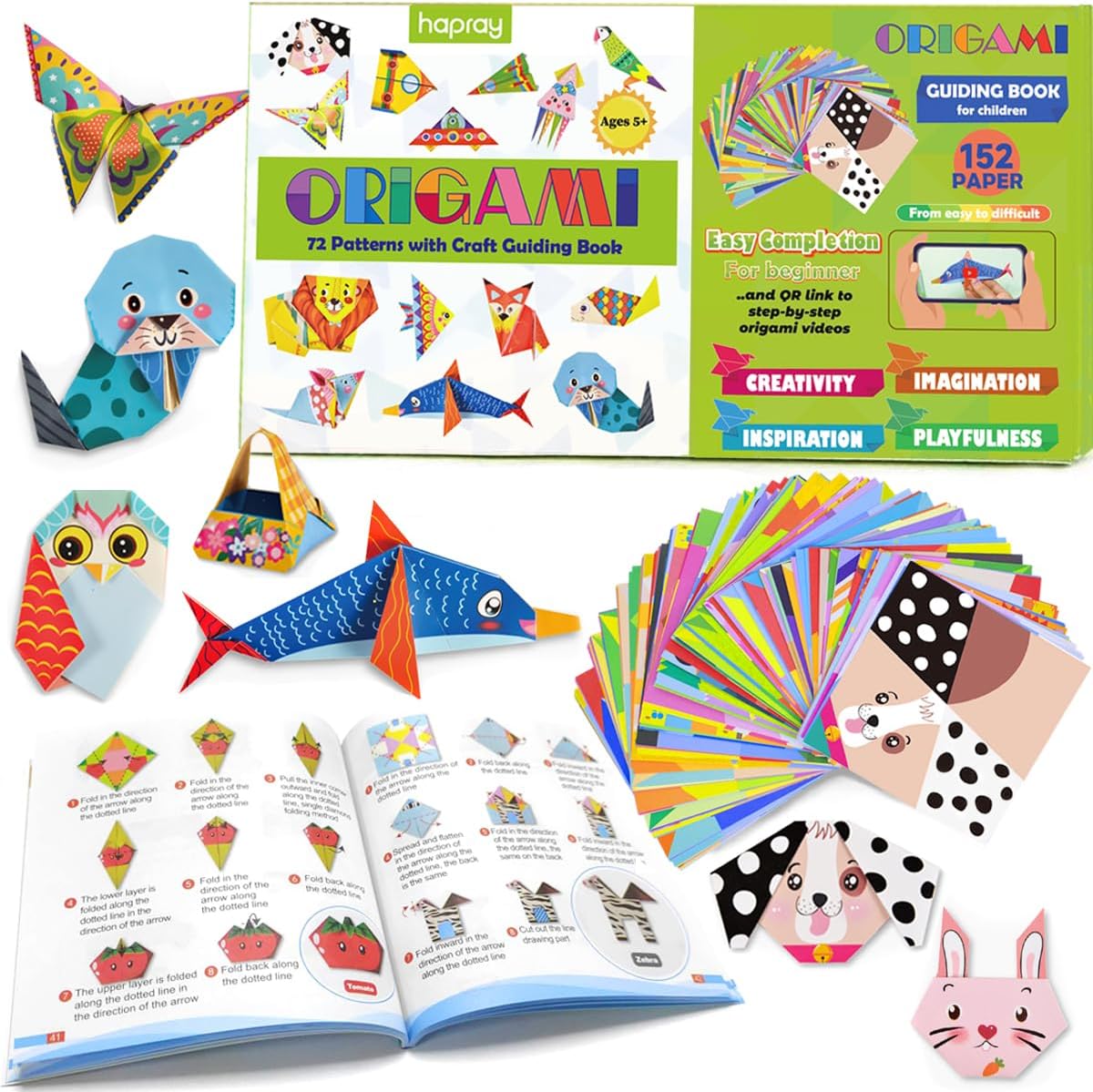 Hapray Origami Kit For Kids - 152 Paper Sheets With 72 Patterns And Guiding Book