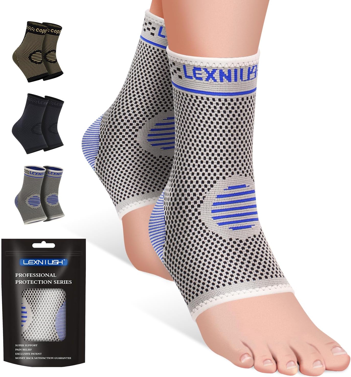 Lexniush Ankle Support - 2 Pack Compression Brace For Sprained Ankle, Plantar Fasciitis & Achilles Tendonitis Relief