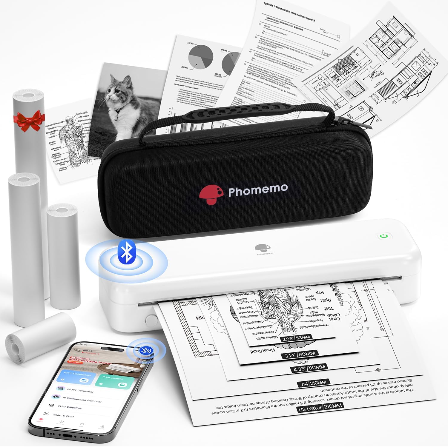 Phomemo M834 Thermal Printer, Portable A4 Bluetooth Inkless Printer