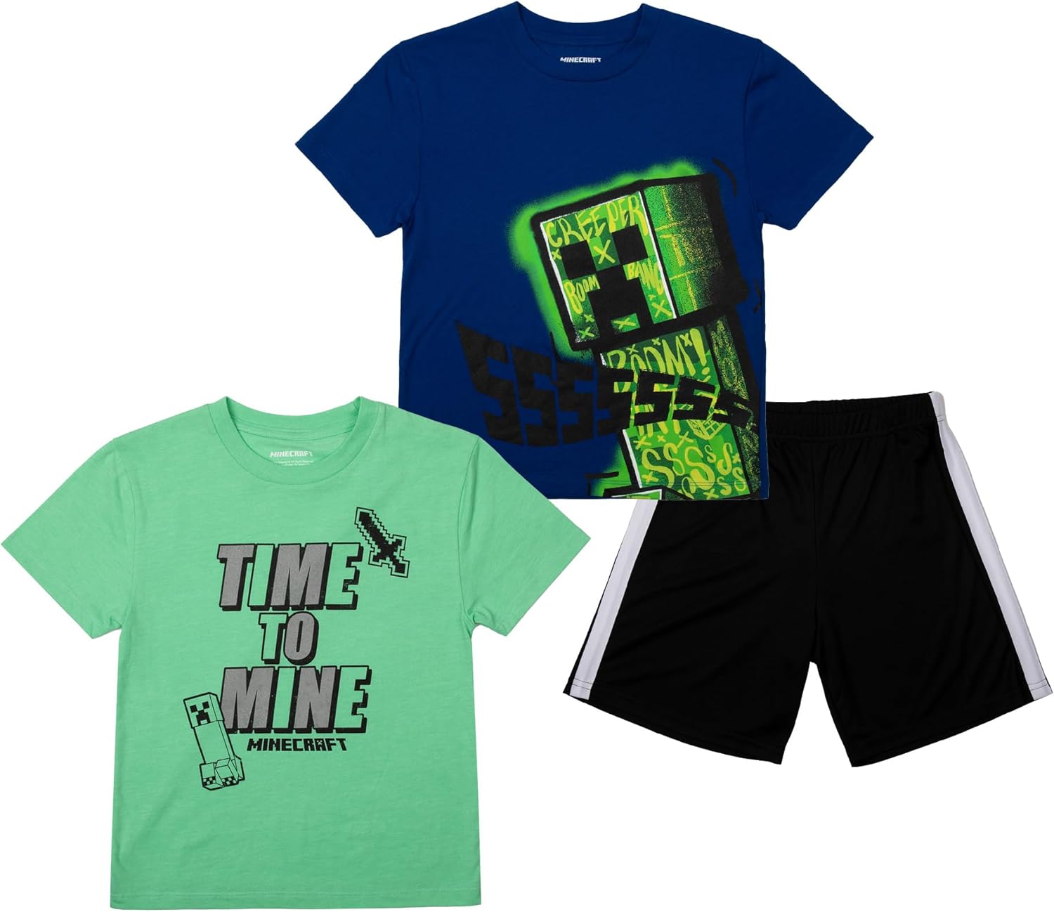 Bioworld Minecraft Boys 3-Pack Set - Officially Licensed Tees And Mesh Shorts