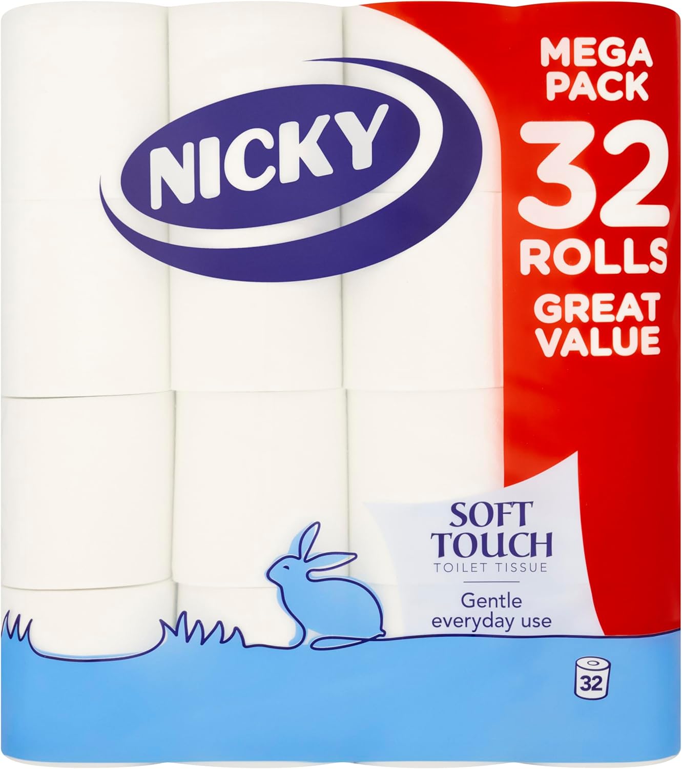 Nicky Soft Touch Toilet Tissue Extra Value Pack - 32 Rolls Of 2-Ply Embossed White Toilet Paper