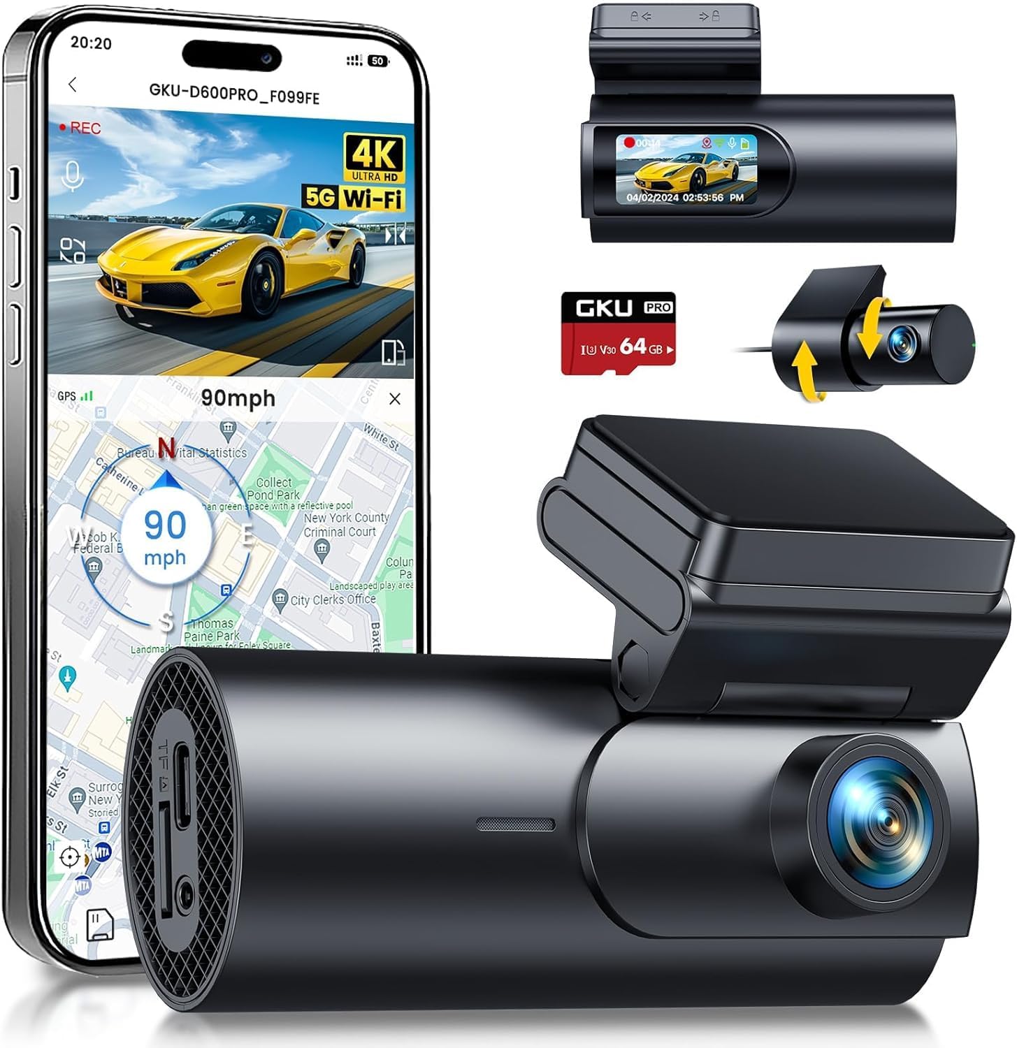 Gku D600Pro 4K Dual Dash Cam With Gps, Wifi And Rear Camera