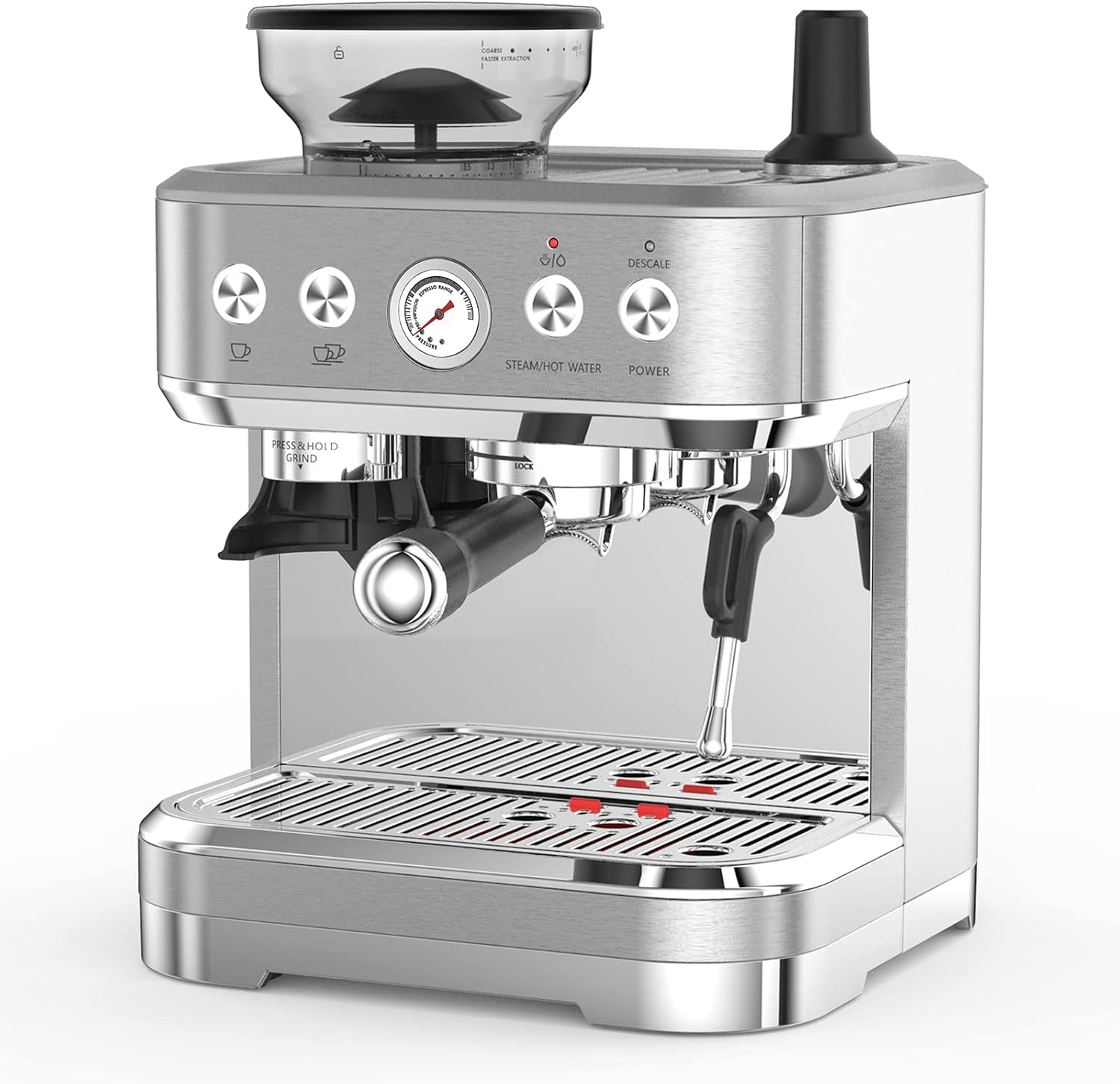 Aptliton Coffee Machine With Milk Frother, 15-Bar Italian Pump & Integrated Grinder, Stainless Steel Espresso Machine