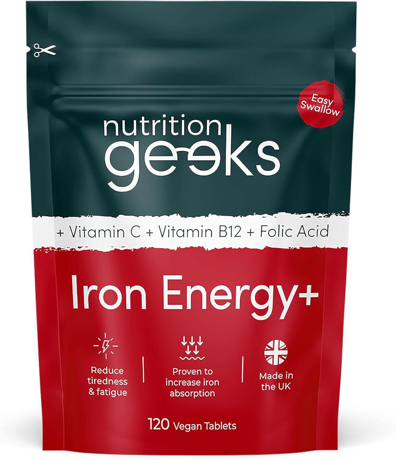 Nutrition Geeks Iron Tablets High Strength With Vitamin C, B12 & Folic Acid - 120 Vegan Supplements