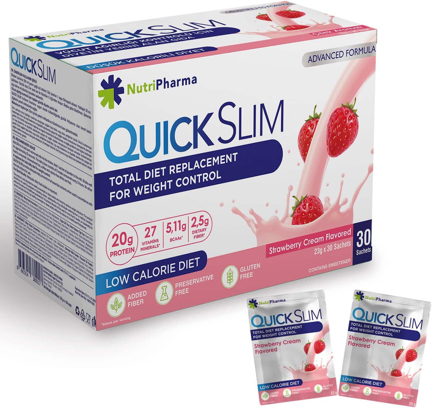 Nutripharma Quick Slim Meal Replacement Shake For Weight Loss, 30 Servings, Strawberry Cream Flavor