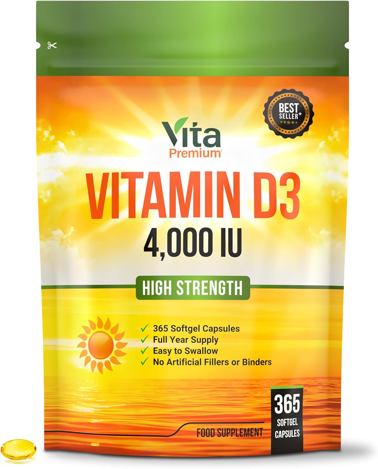 Vita Premium Vitamin D 4,000 Iu Softgels - Maximum Strength Vitamin D3 Supplement, 365-Day Supply