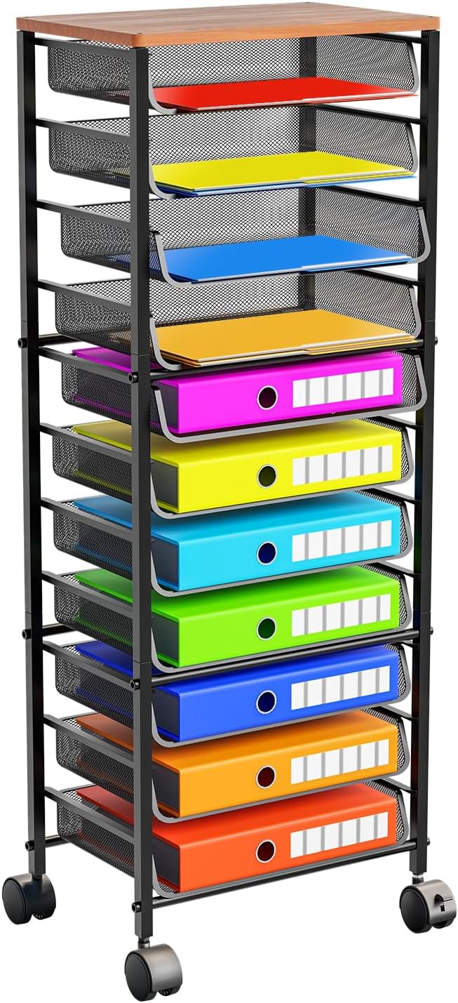 Simple Trending 12 Tier Rolling File Cart, Black, Wooden Desk File Organizer With Sliding Trays