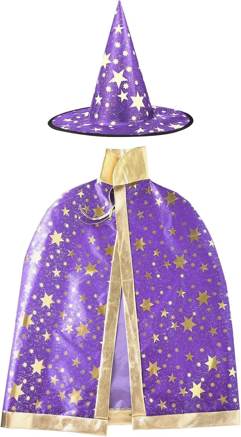 Deolven Wizard Costume For Kids, Purple Star Pattern Cape And Hat, Halloween Witch Outfit Wxpf001-Pp-01