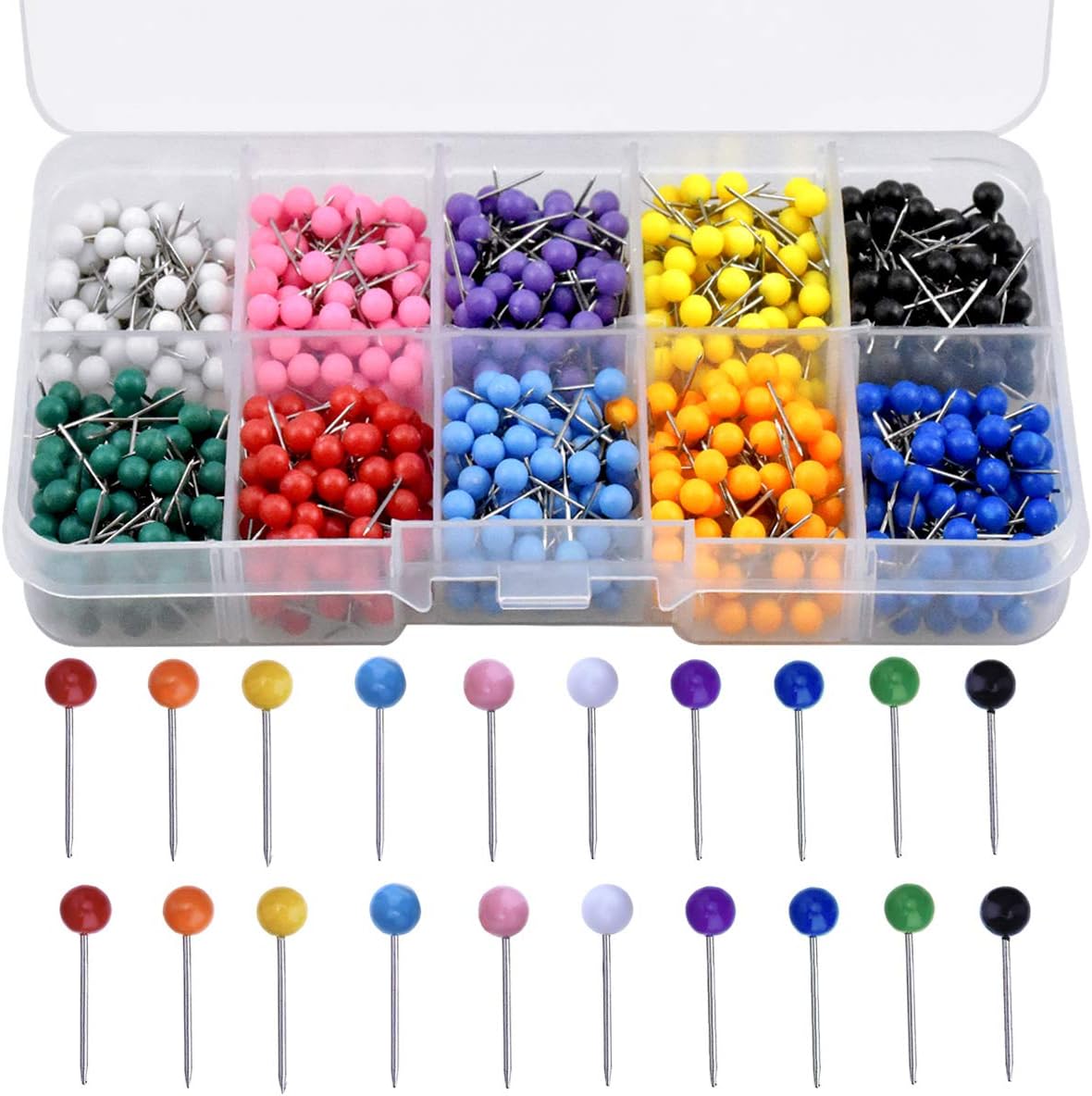 Natuce Map Pins With Coloured Heads And Steel Needle Points, 1000 Pieces, 10 Assorted Colours