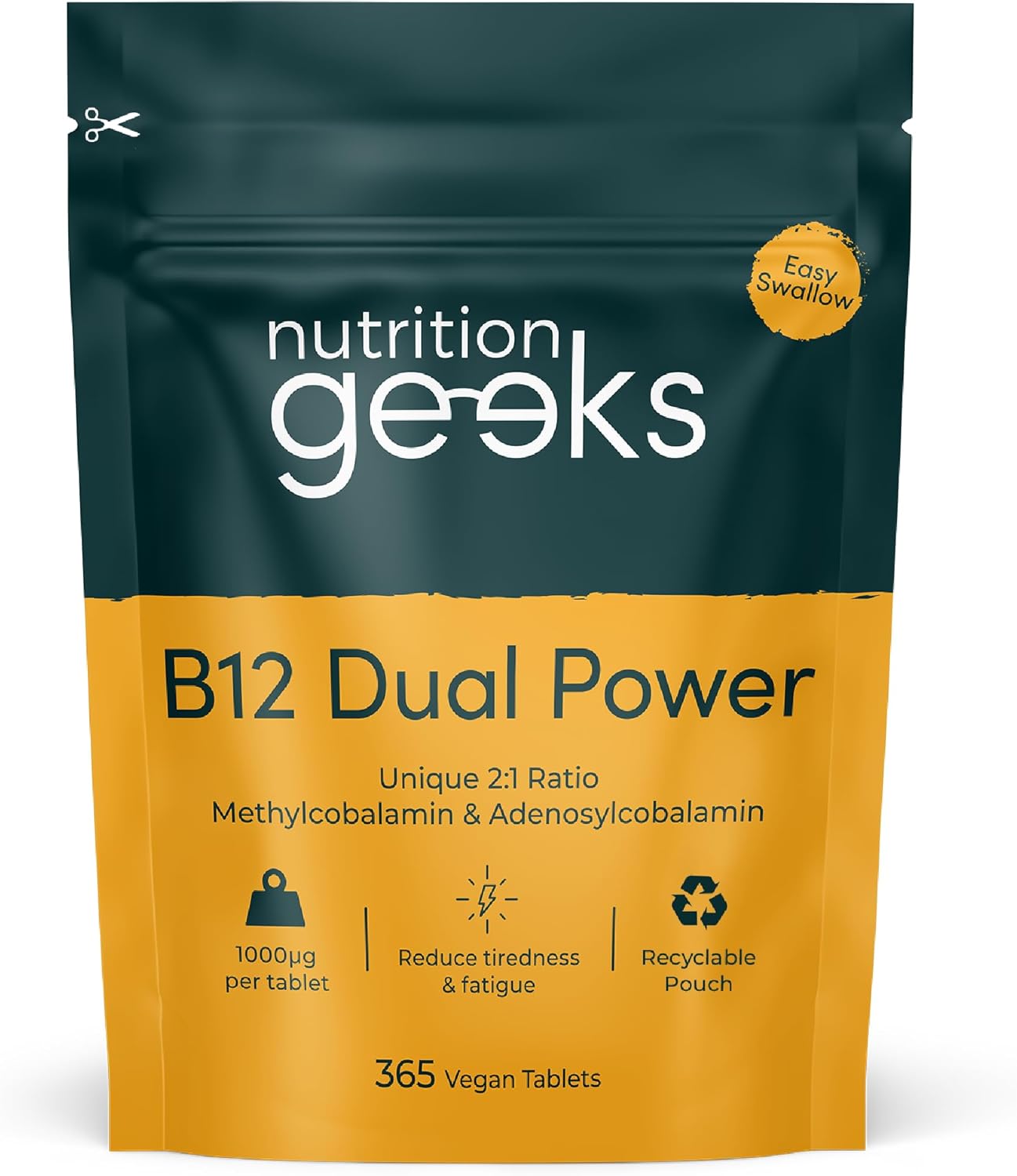 Vitamin B12 High Strength Tablets By Nutrition Geeks - 1 Year Supply (365 Tablets) 1000Mcg Dual Power B12 Complex