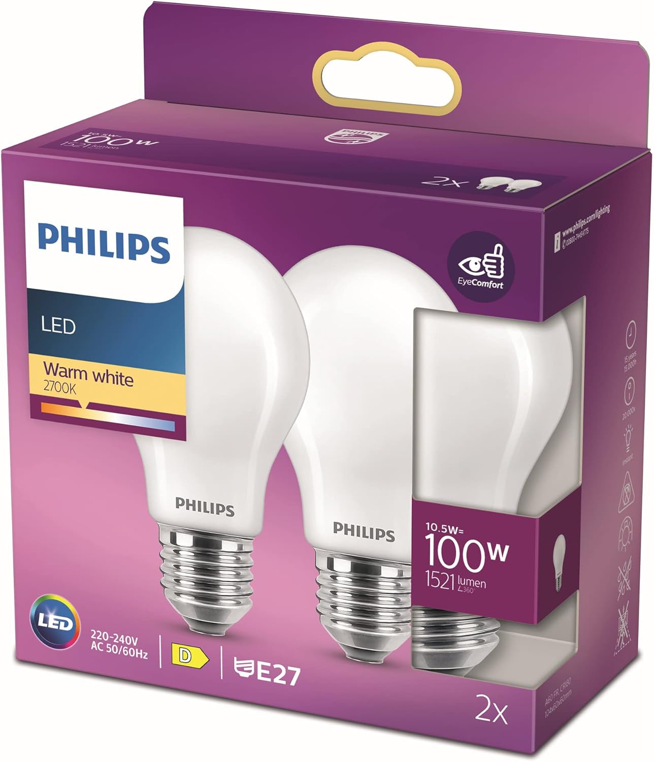 Philips Led Classic A60 Frosted Light Bulb 10.5W E27 Edison Screw Warm White