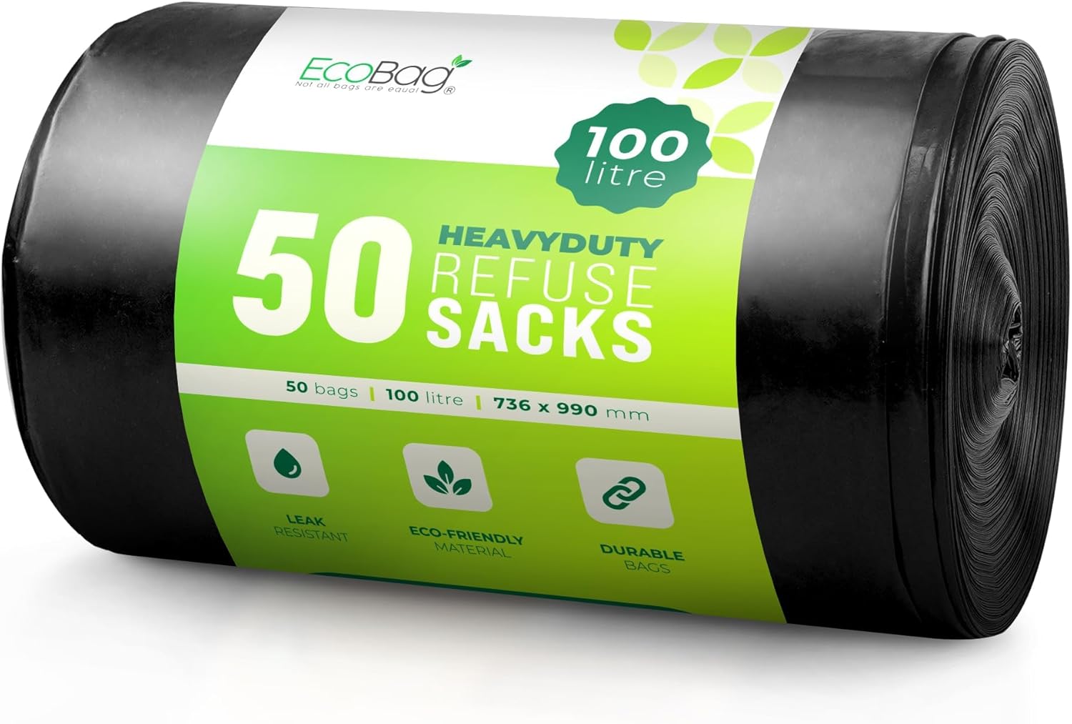 Ecobag 50 Pack Heavy Duty Refuse Sacks - 100L Recyclable Bin Bags