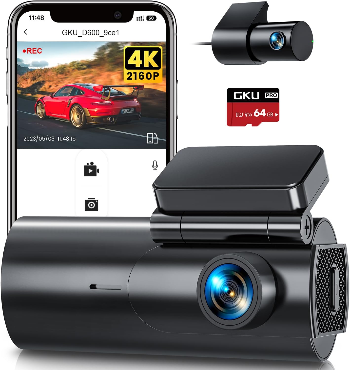 Gku D600 4K Dash Cam Front And Rear With Wifi, 64Gb Sd Card And Parking Monitor