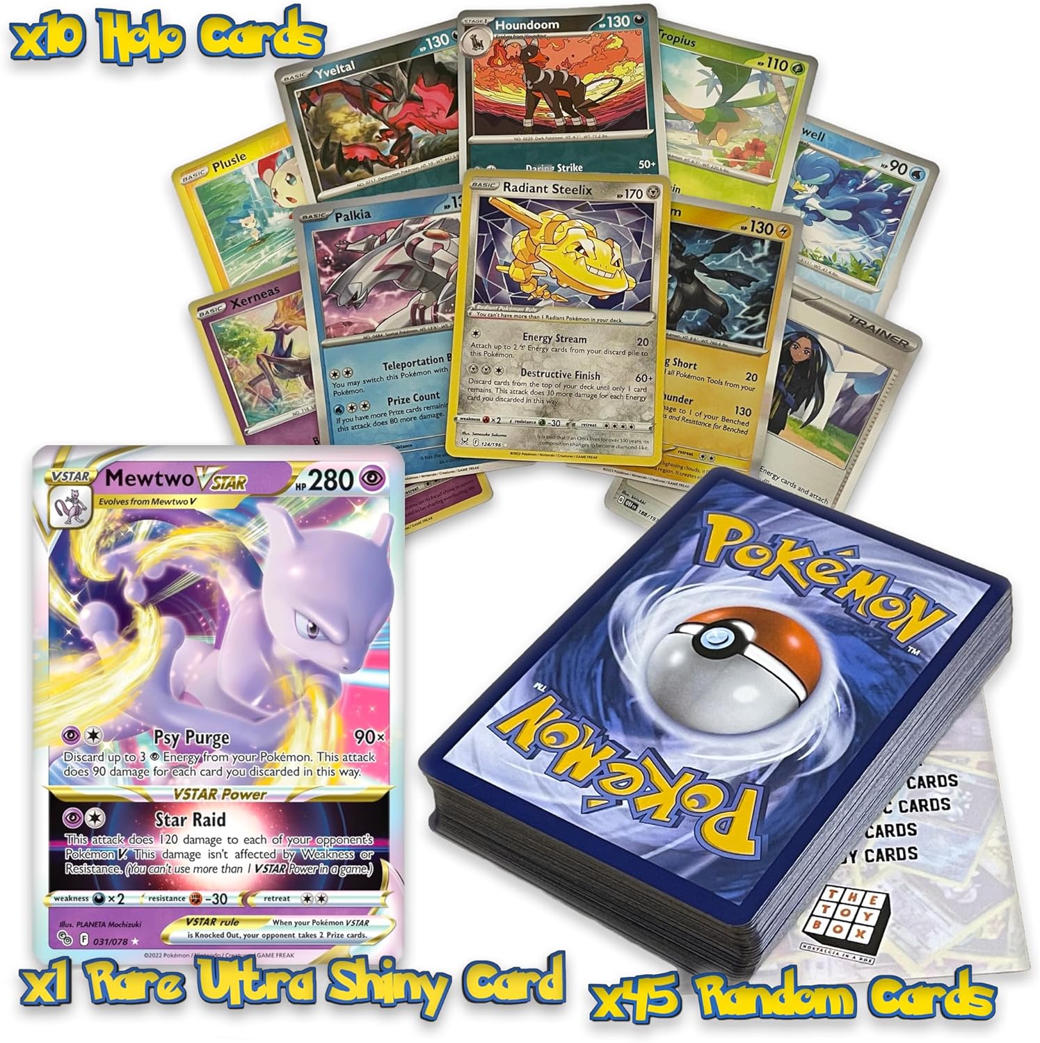 The Toy Box Ultimate Shiny Card Bundle - 50 Random Pokémon Tcg Cards With 10 Holos & 1 Rare Ultra Shiny Card
