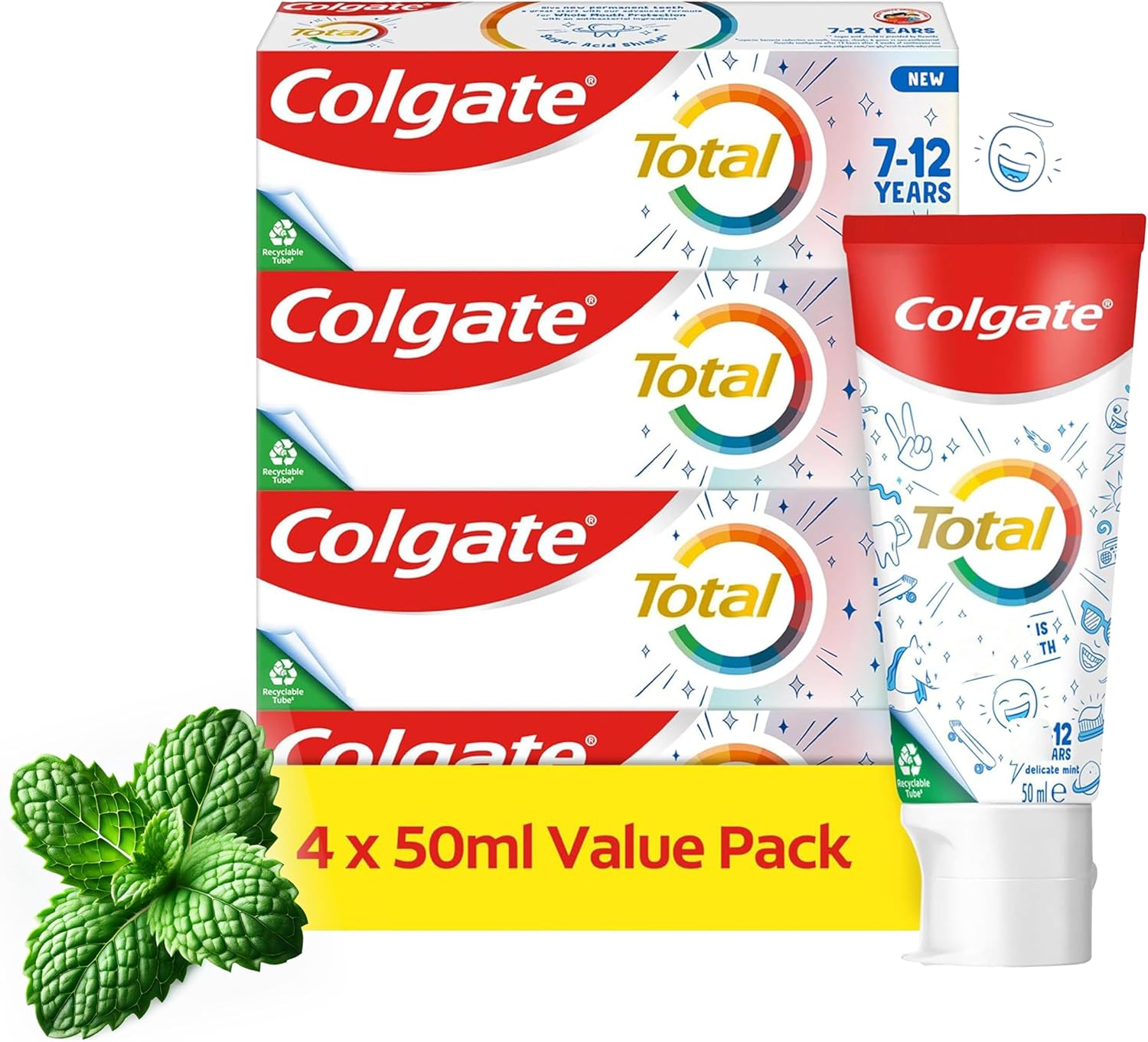 Colgate Total Toothpaste For Kids 7-12 Years, Mild Mint Flavour, 4 Pack Of 50Ml Tubes