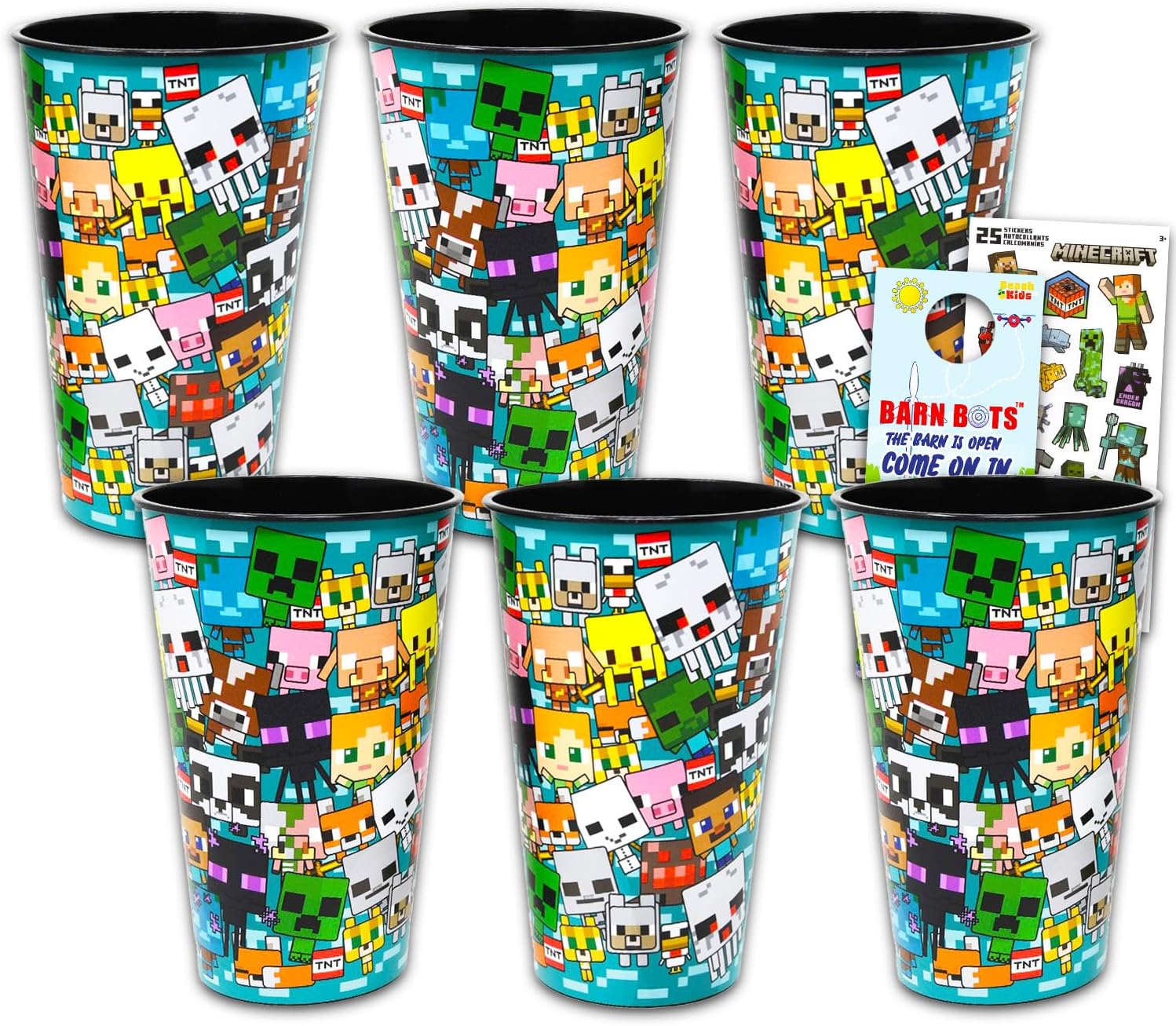 Minecraft Reusable Tumbler Cup 6 Piece Bundle - Officially Licensed 24Oz Cups With Stickers