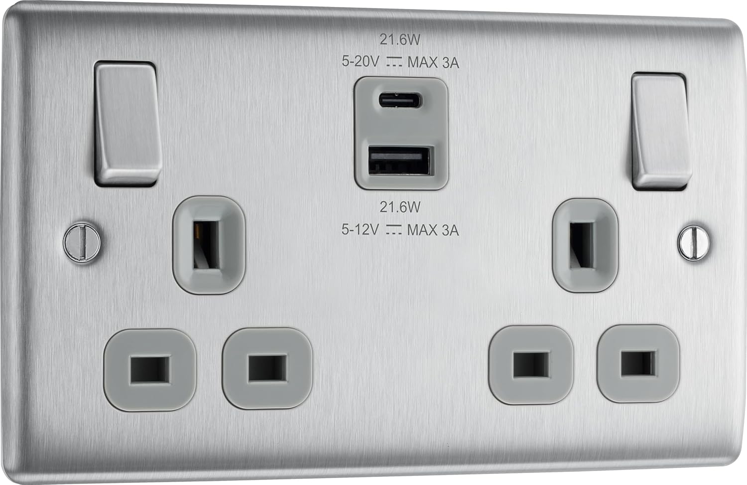 Bg Electrical Double Switched Wall Plug Socket With Usb Charging Ports, Brushed Steel Finish, 13A, Nbs22Uac22G