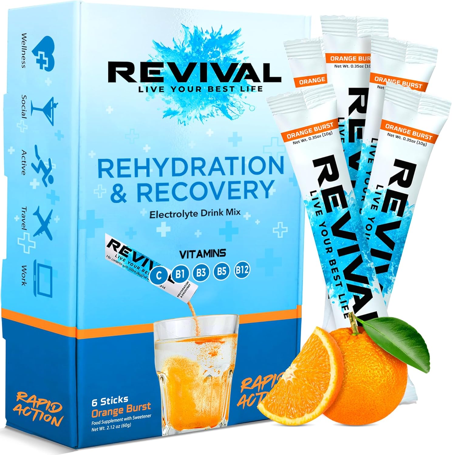 Revival Shots Revival Rapid Rehydration Electrolytes Powder Drink Mix - High Strength Vitamin C & B Vitamins Supplement