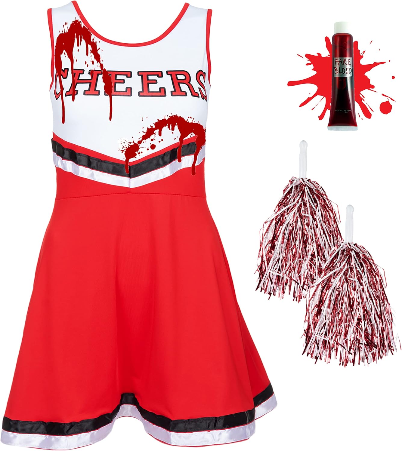 Redstar Kids Zombie Cheerleader Costume With Pom Poms And Fake Blood - Girls Halloween Outfit