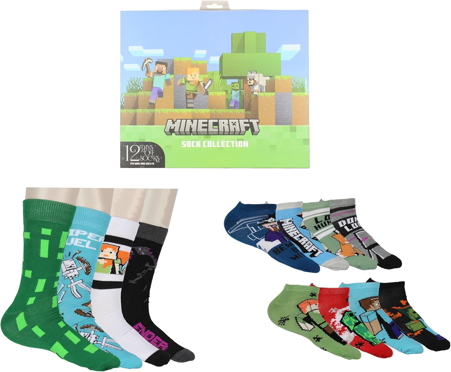 Bioworld Minecraft Men's 12 Days Of Socks Gift Box Set, Multicolored Ankle And Crew Socks