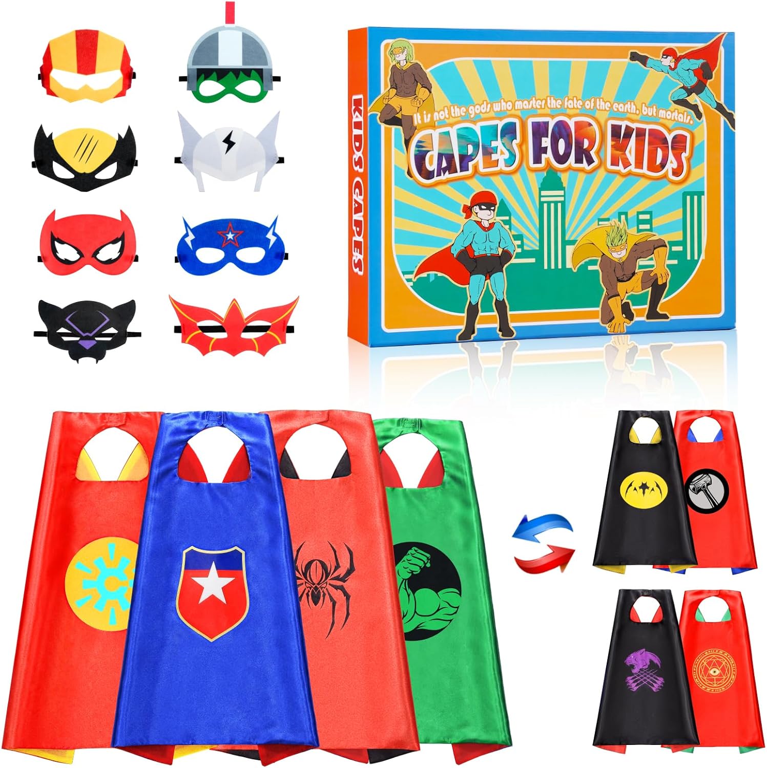 Gralal Double-Sided Superhero Capes With 8 Masks For Kids