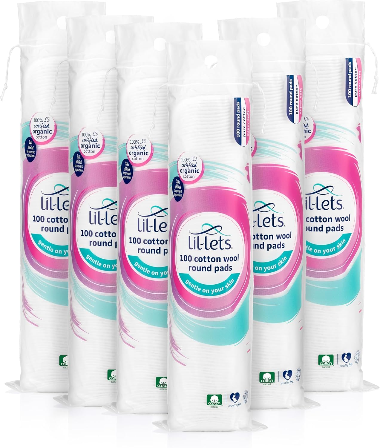 Lil-Lets Cotton Wool Round Pads, Certified Organic, 100% Pure Cotton, Gentle On Skin, 6 X 100 Count