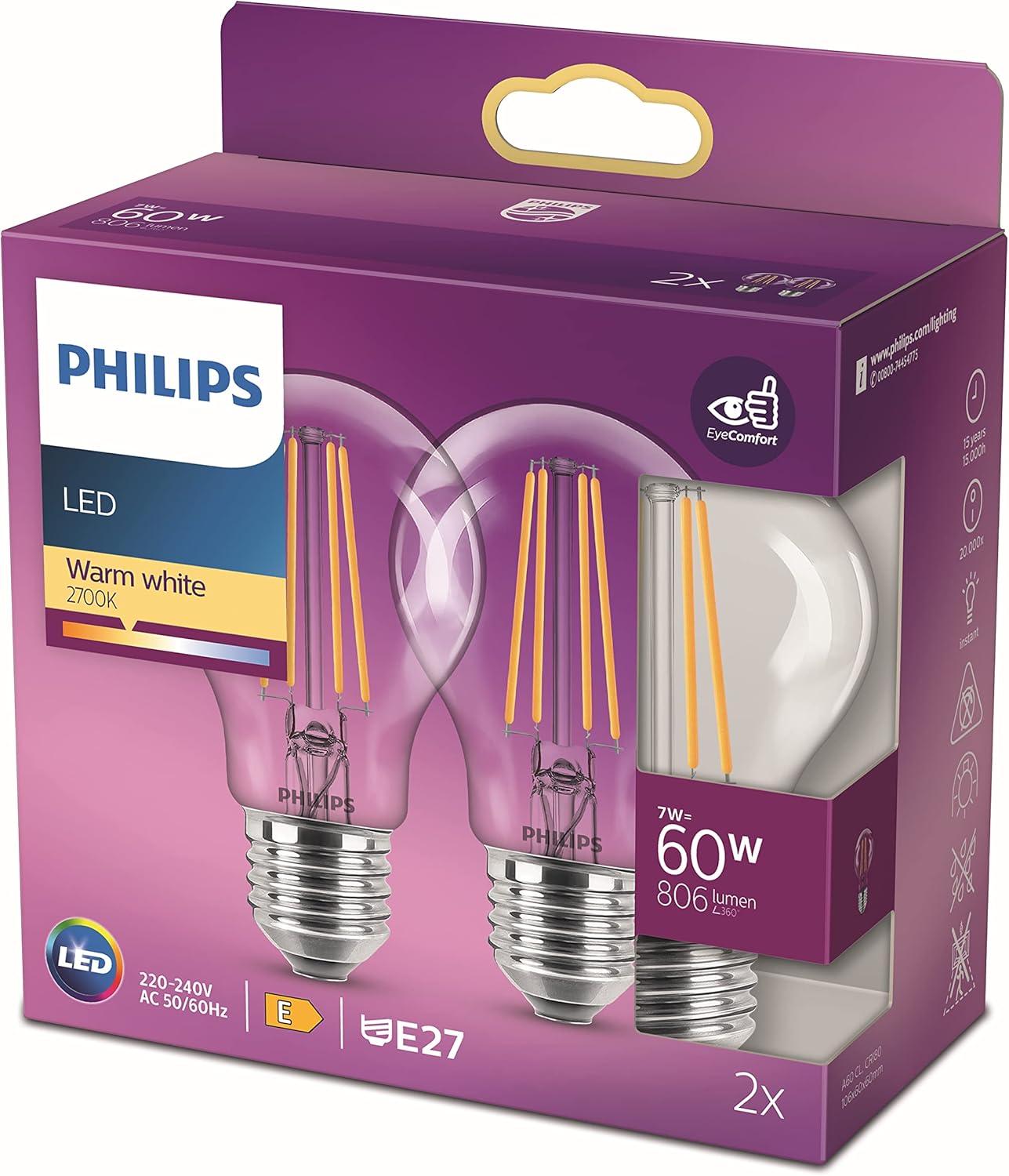 Philips Led Classic A60 Light Bulb Set Of 2, E27 Edison Screw, 7W = 60W Equivalent, Warm White