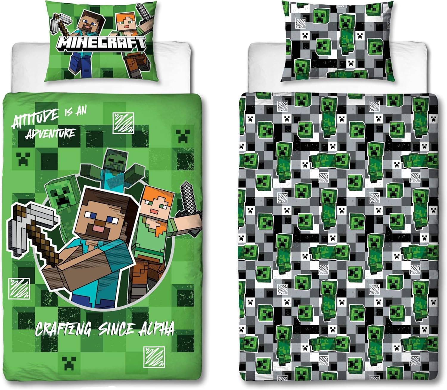 Minecraft Official Single Duvet Cover Set - Block Check Gaming Design Reversible Bedding