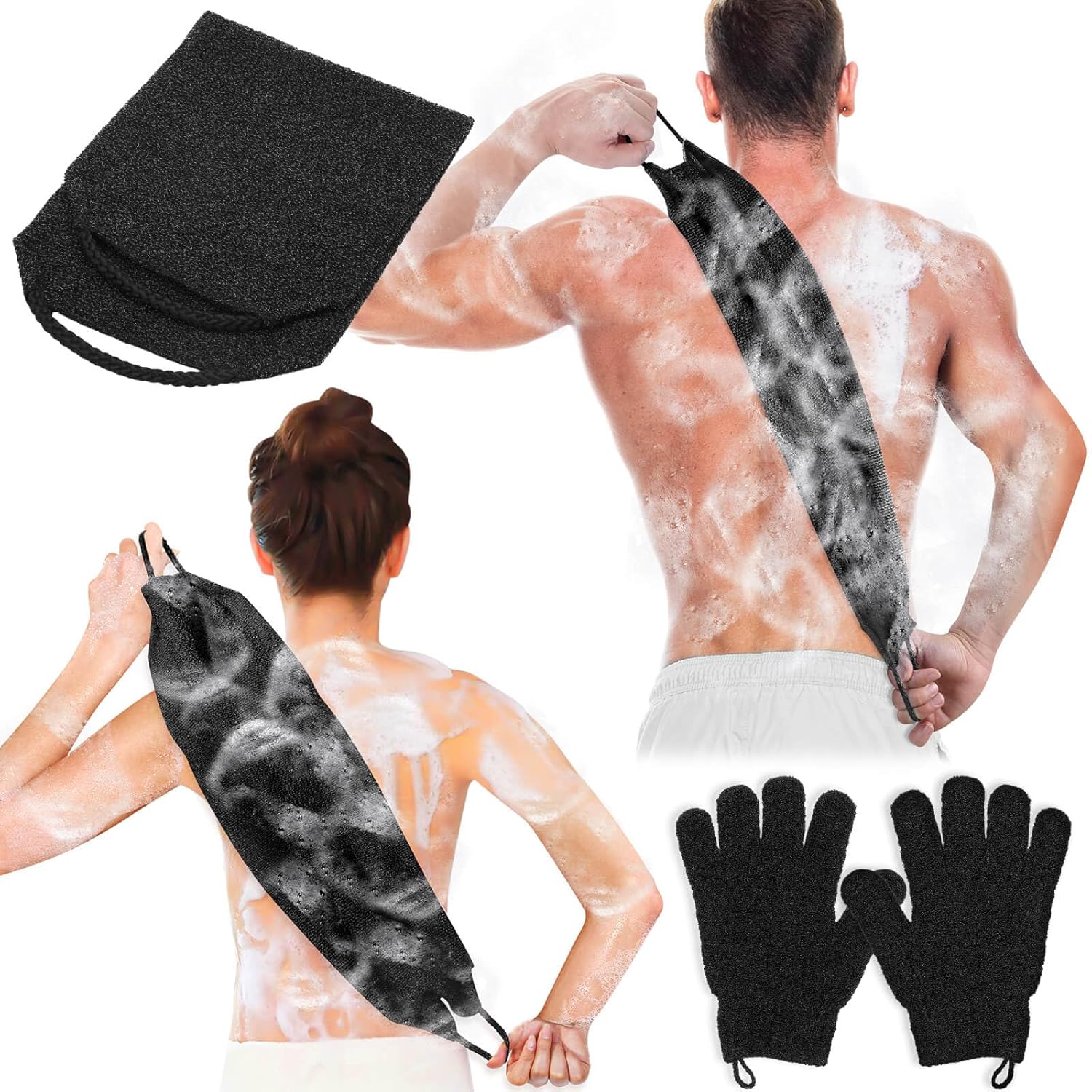 Anezus Exfoliating Back Scrubber And Gloves Set - Black