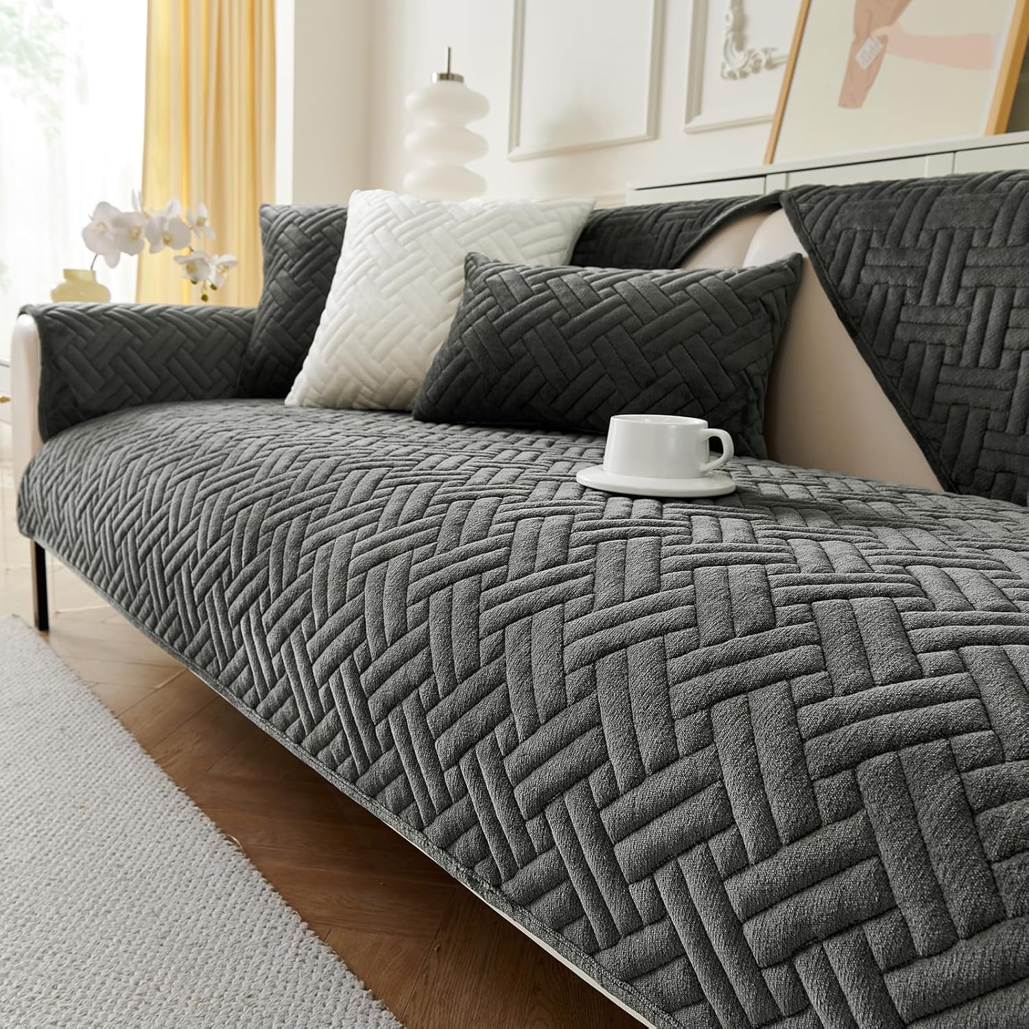 Gkxlh Soft Milk Flannel Sofa Cover - Washable & Anti-Slip For 1/2/3 Seater Sofas (Dark Grey)
