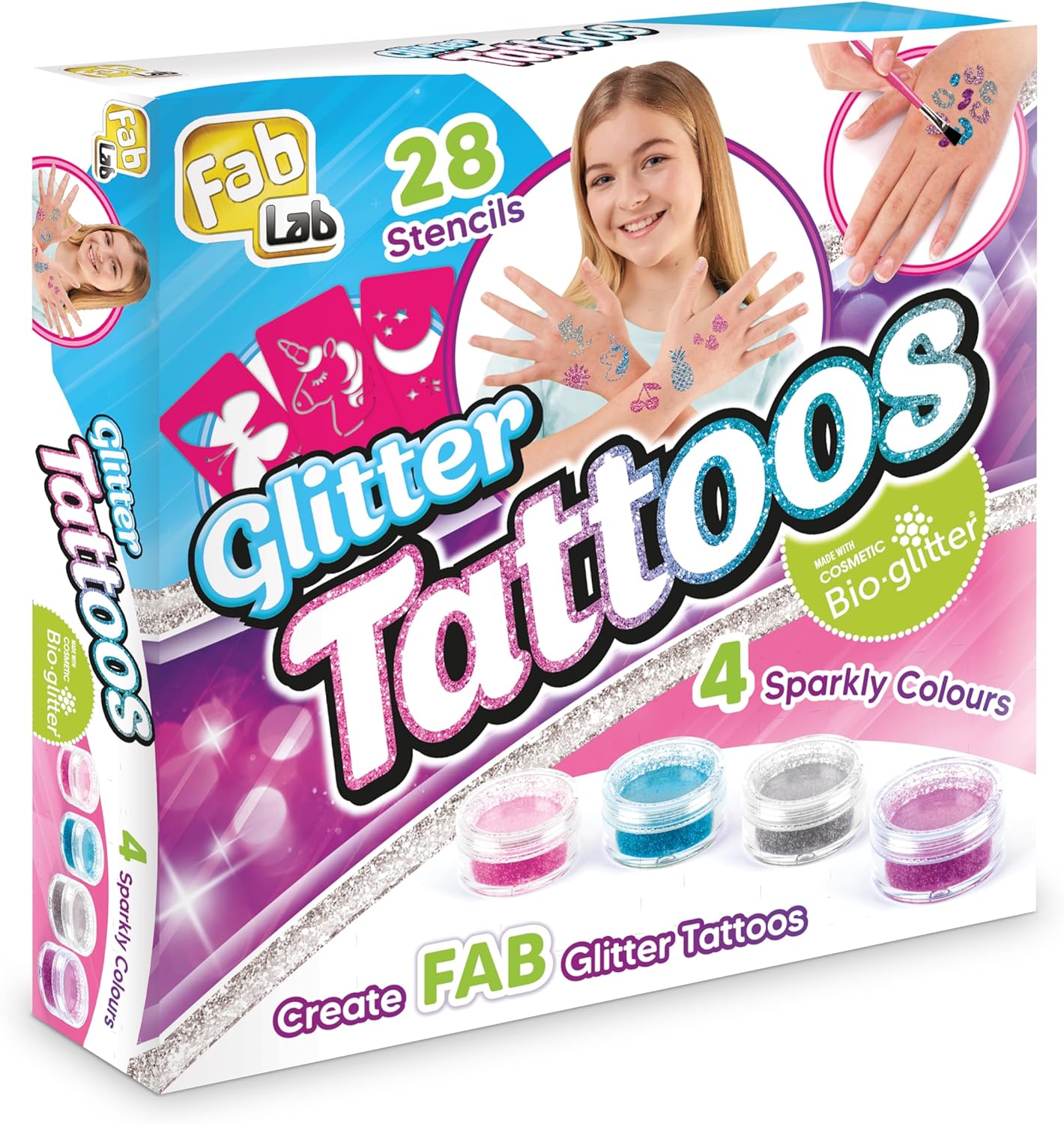 Fablab Glitter Tattoos Kit - Create Fun, Glittery Temporary Tattoos With 28 Designs & 4 Bioglitter Colours