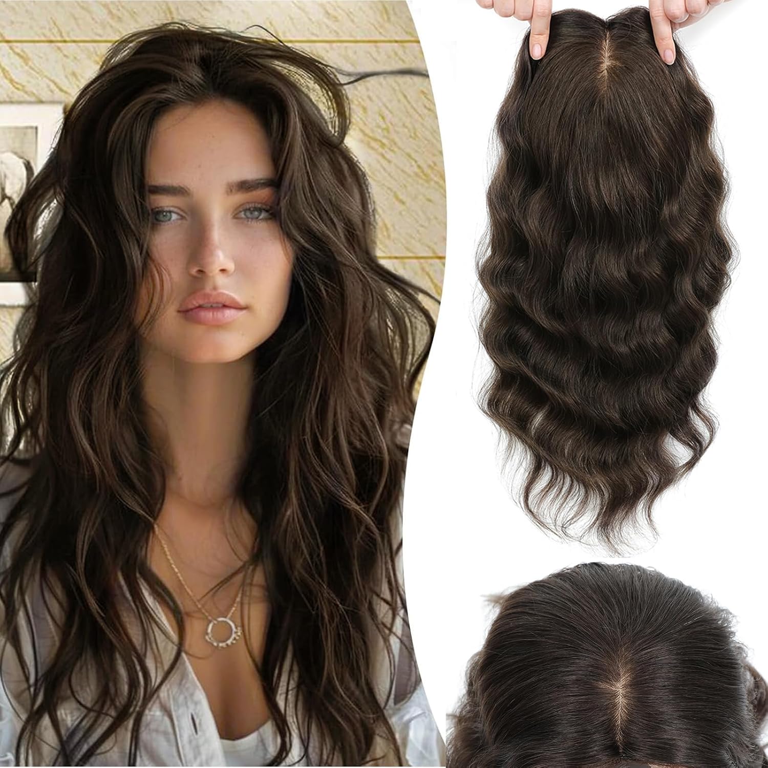 Gulaluuk Human Hair Topper 18Inch Dark Brown For Women With Severe Hair Loss
