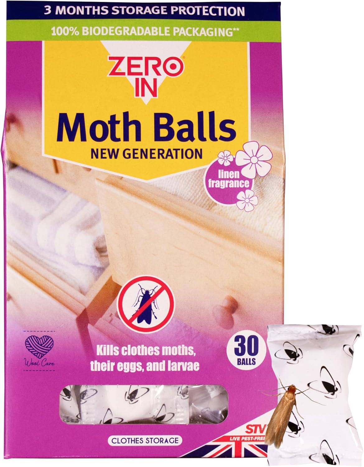 Zero In New Generation Moth Balls - Effective Moth Killer For Wardrobes, 30 Pack