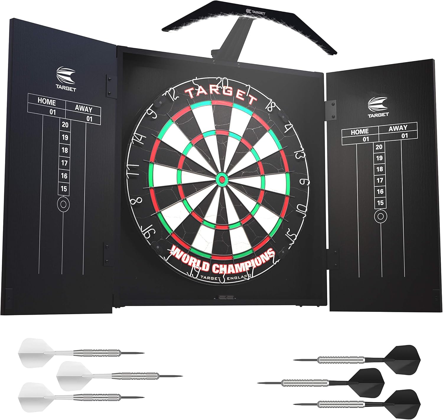 Target Darts Arc Dartboard Lighting System Home Cabinet Set - Includes World Champions Dartboard And 2 Sets Of Darts