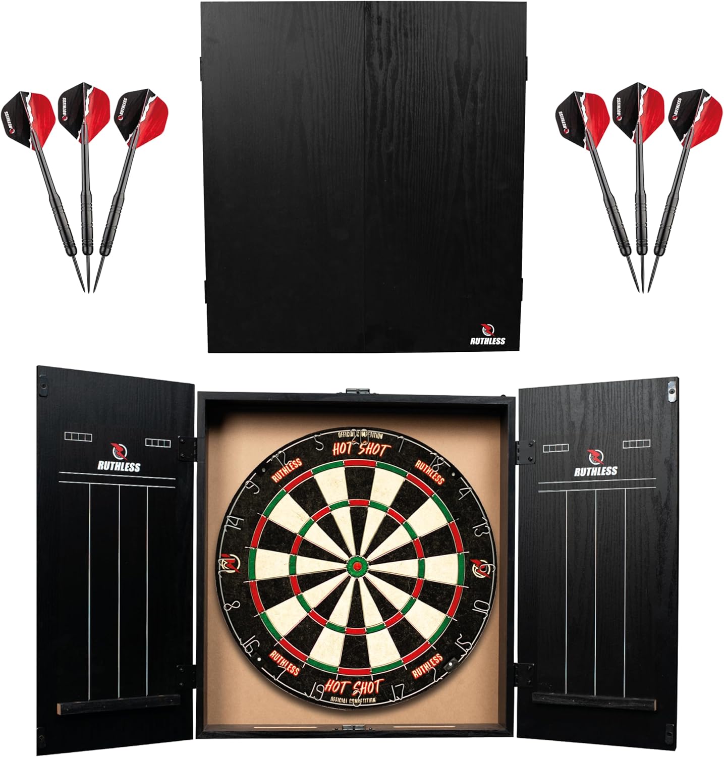 Ruthless Home Darts Centre - Complete Dart Board Set With Cabinet And 2 Sets Of Darts