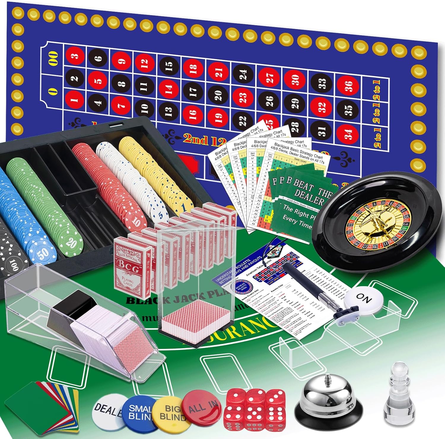 Wodgod 5-In-1 Super Casino Game Set: Blackjack, Roulette, Craps, Texas Hold'em & Poker Kit