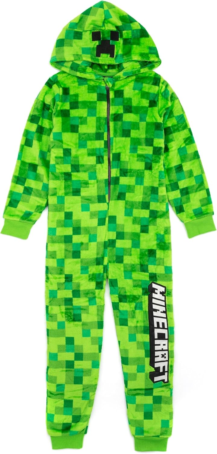 Minecraft Creeper Onesie For Boys & Girls - Soft Pixelated Sleepsuit With Creeper Face Hood By Vanilla Underground K53863